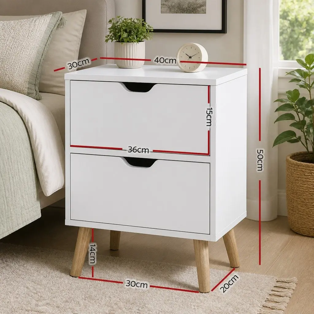 Bedside Table 2 Drawers Scandinavian Design Splayed Legs Storage White