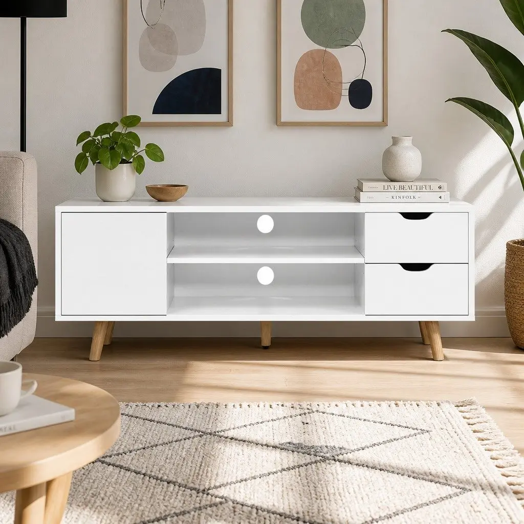 TV Entertainment Unit 120cm White Storage Cabinet with Drawers and Shelves