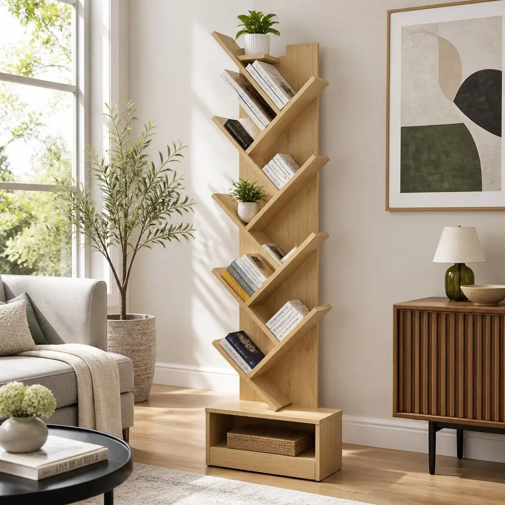 Tree Bookshelf 9 Tier Freestanding Wall Mount Storage Display Organizer Natural Pine