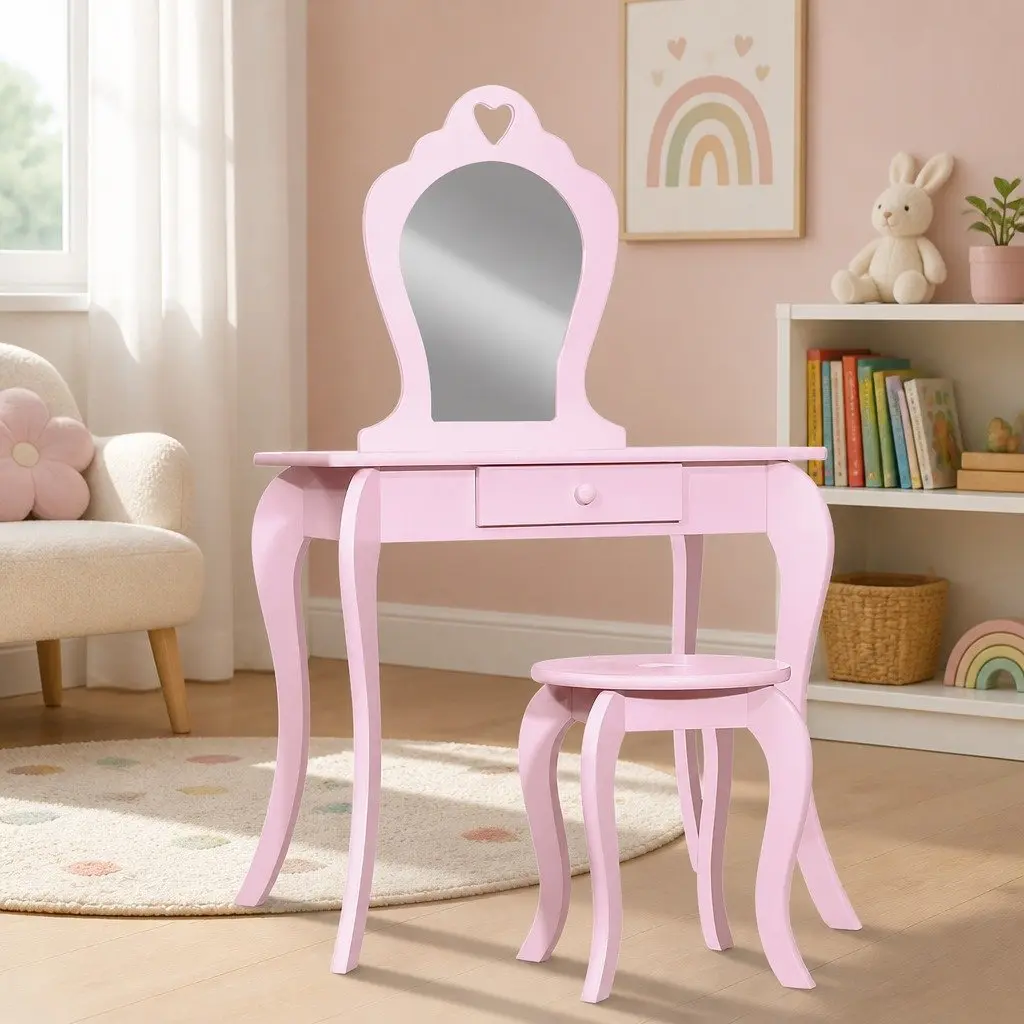 Kids Dressing Table Stool Set Vanity Mirror Makeup Drawer Pink Children