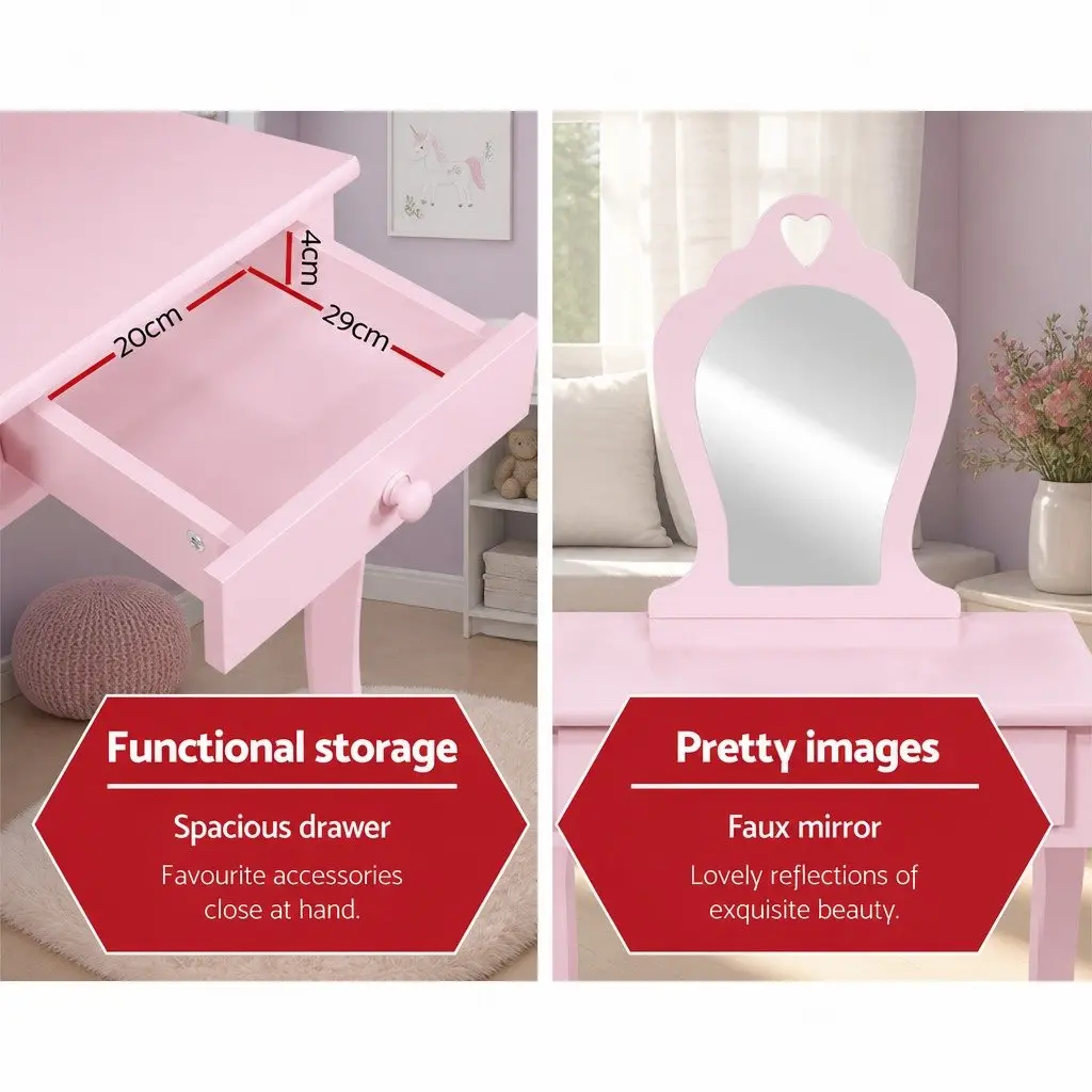 Kids Dressing Table Stool Set Vanity Mirror Makeup Drawer Pink Children