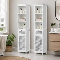 Bathroom Storage Cabinet 161cm White Rattan 3-Tier Shelves Drawer Organiser