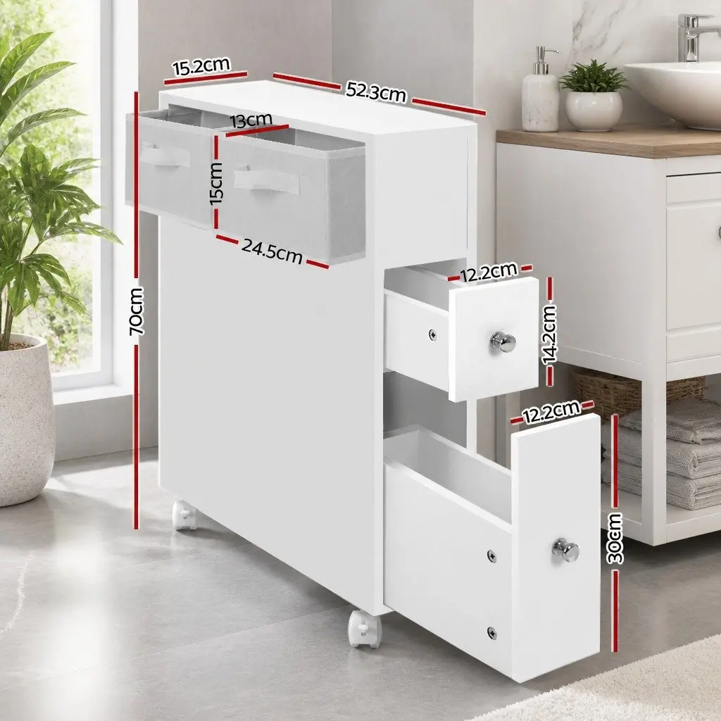 Bathroom Caddy Storage Organiser with Drawers and Wheels Compact White 52cm x 15cm x 70cm