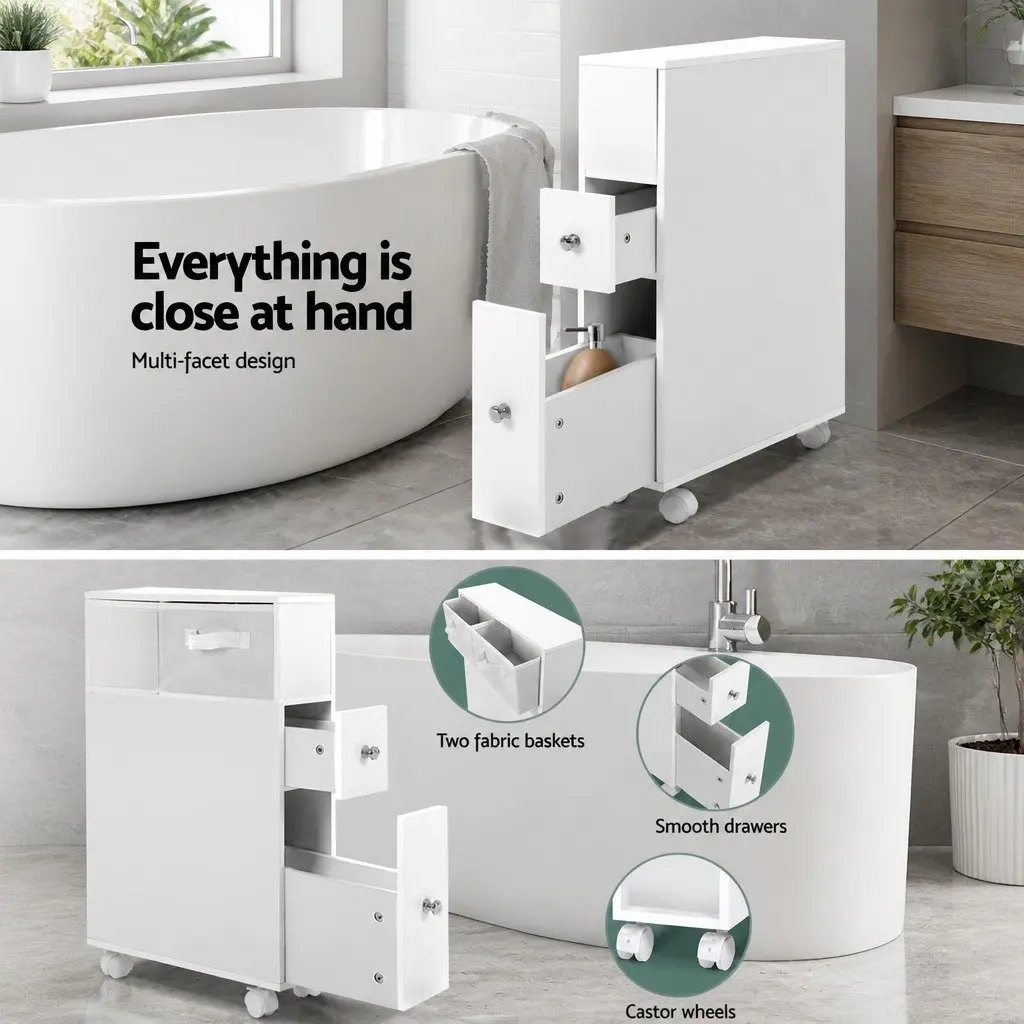 Bathroom Caddy Storage Organiser with Drawers and Wheels Compact White 52cm x 15cm x 70cm