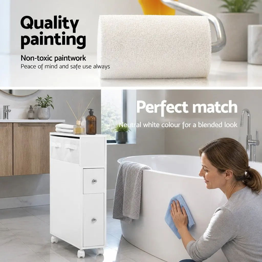 Bathroom Caddy Storage Organiser with Drawers and Wheels Compact White 52cm x 15cm x 70cm