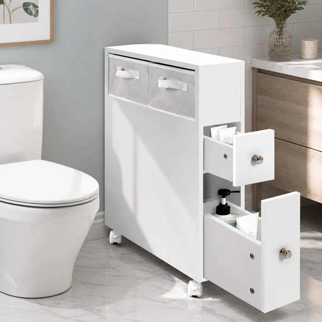 Bathroom Caddy Storage Organiser with Drawers and Wheels Compact White 52cm x 15cm x 70cm