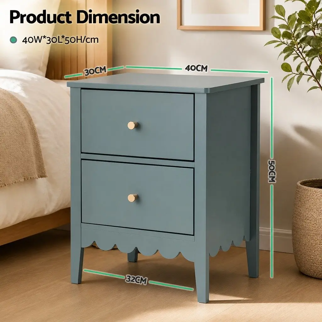 Bedside Table Green 2 Drawers 40cm W x 30cm D x 50cm H