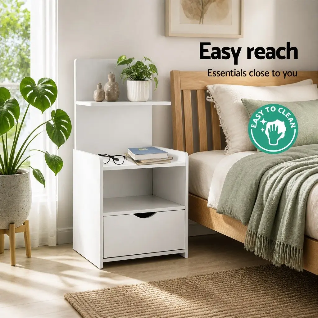 Bedside Table 1 Drawer with Open Shelves Storage White Bedroom Nightstand