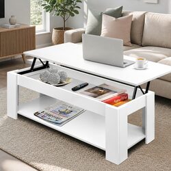 Lift-Top Coffee Table White Storage Space-Saving Living Room Furniture Hidden