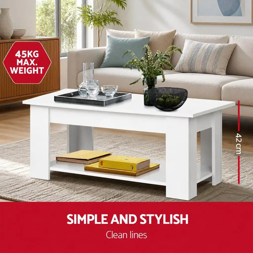 Lift-Top Coffee Table White Storage Space-Saving Living Room Furniture Hidden