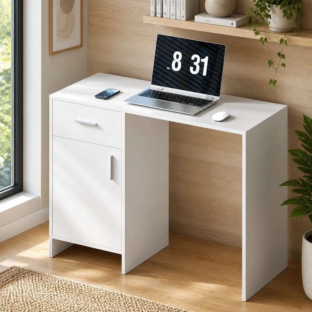 White Computer Desk with Storage Drawer Cabinet Office Desk 100CM