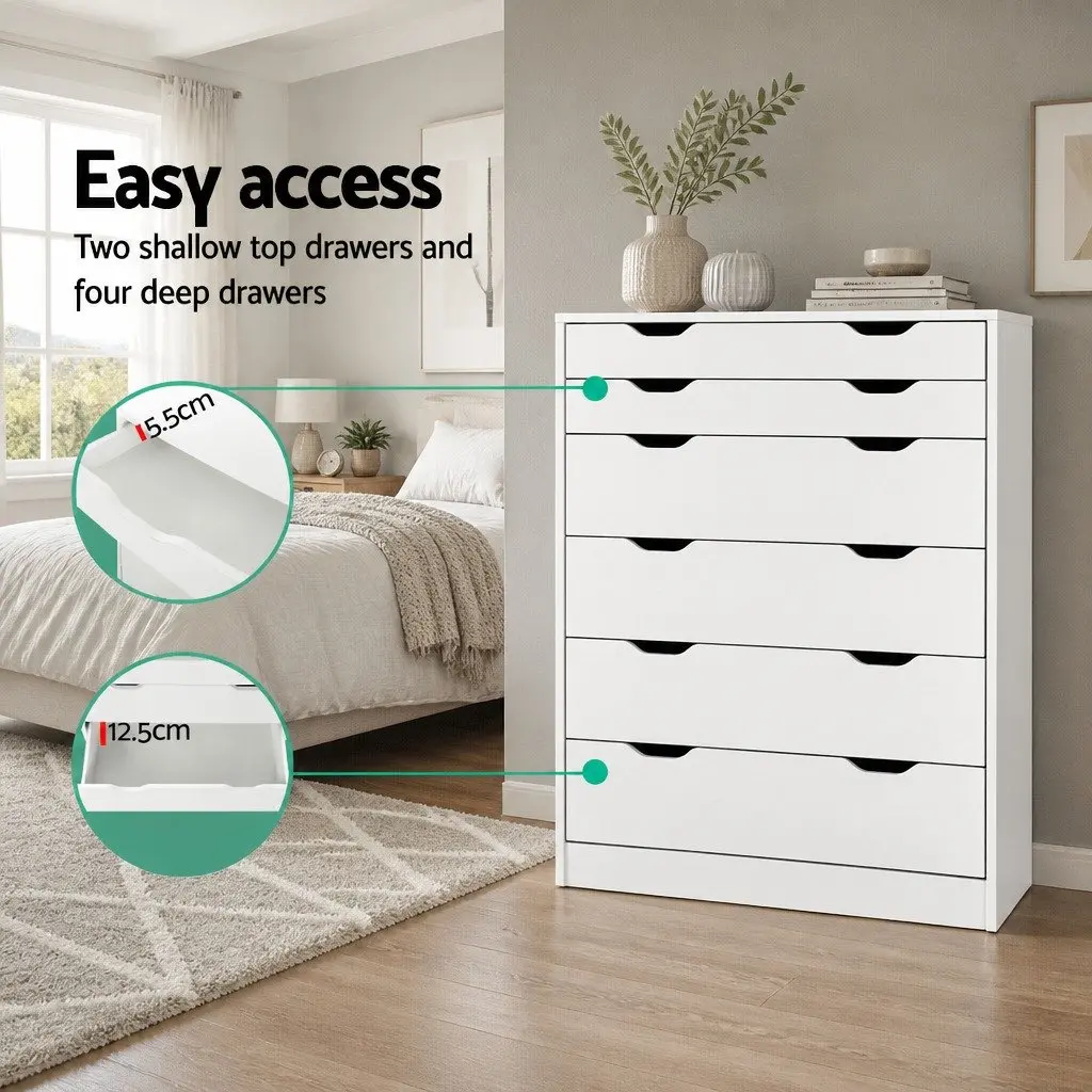 Tallboy Storage Cabinet White 6 Drawer Bedroom Furniture 80cm