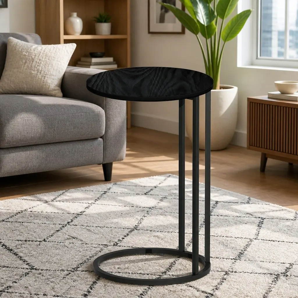 Round Coffee Table Side Table Black Industrial Style C-Shape Design Sturdy