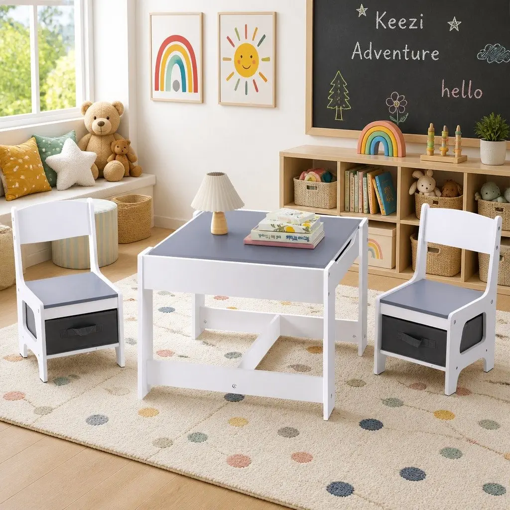 Kids Table and Chairs Set Reversible Chalkboard Surface Grey