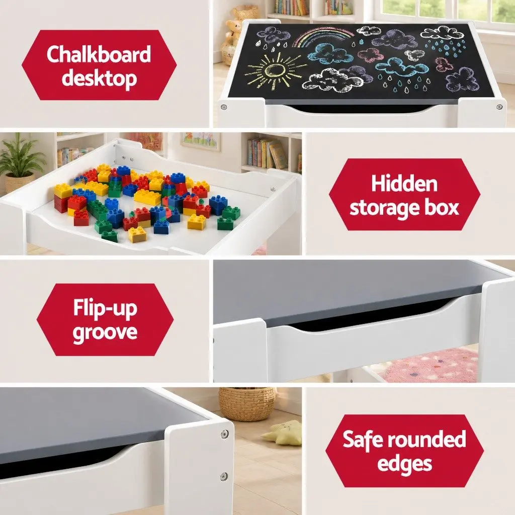 Kids Table and Chairs Set Reversible Chalkboard Surface Grey