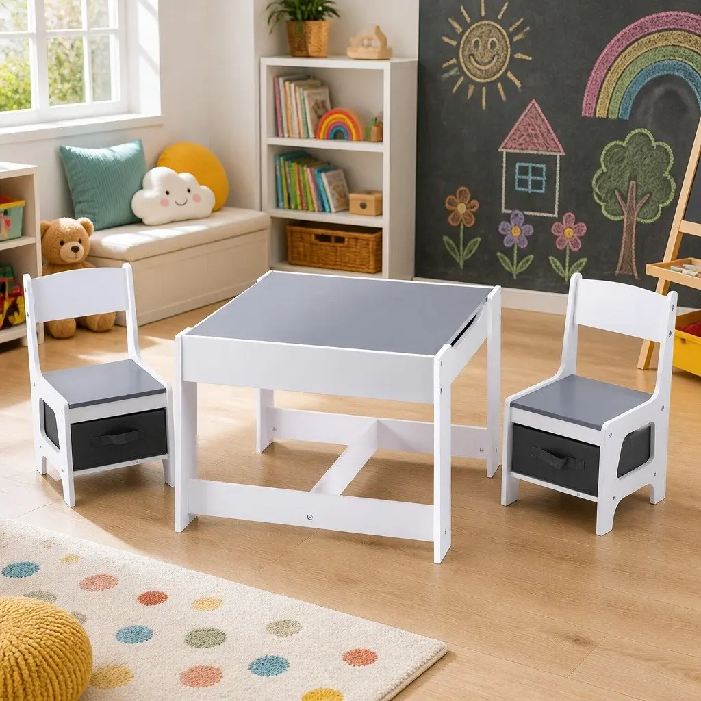 Kids Table and Chairs Set Reversible Chalkboard Surface Grey