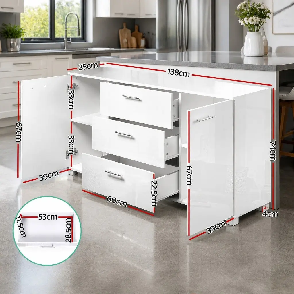 Buffet Sideboard High Gloss White Modern Storage Cabinet with Drawers 138cm x 35cm x 74cm
