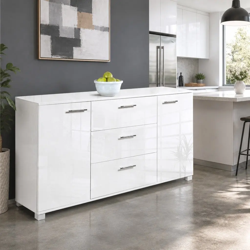 Buffet Sideboard High Gloss White Modern Storage Cabinet with Drawers 138cm x 35cm x 74cm