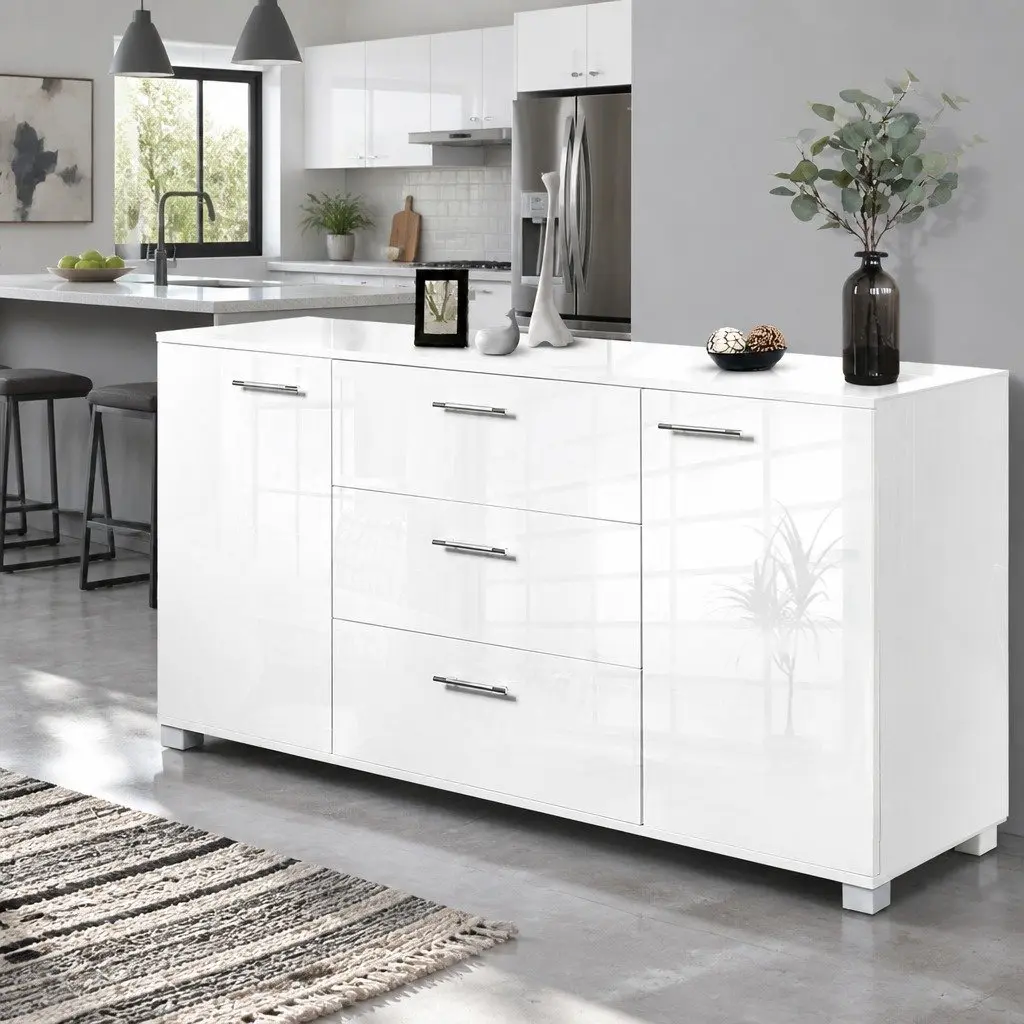 Buffet Sideboard High Gloss White Modern Storage Cabinet with Drawers 138cm x 35cm x 74cm