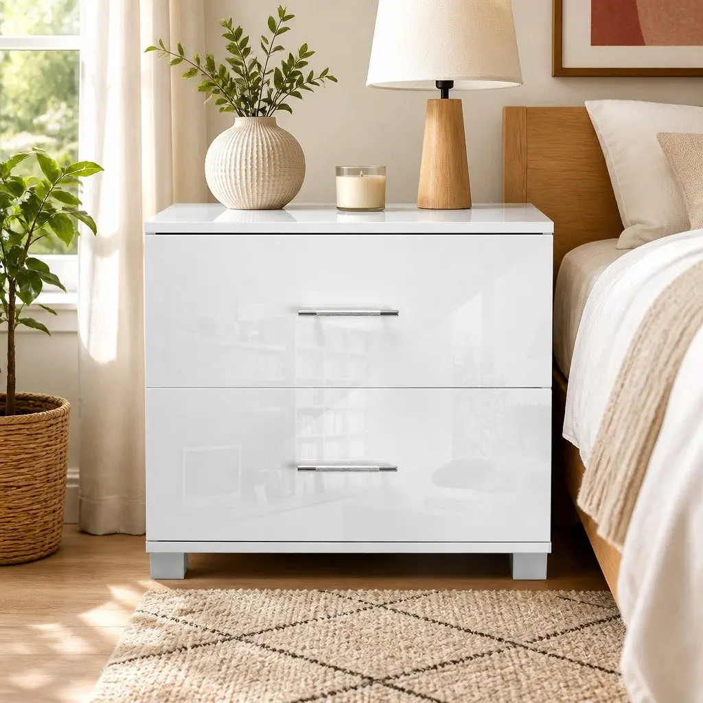 Bedside Table 2 Drawers White High Gloss Modern Storage Cabinet Side Table