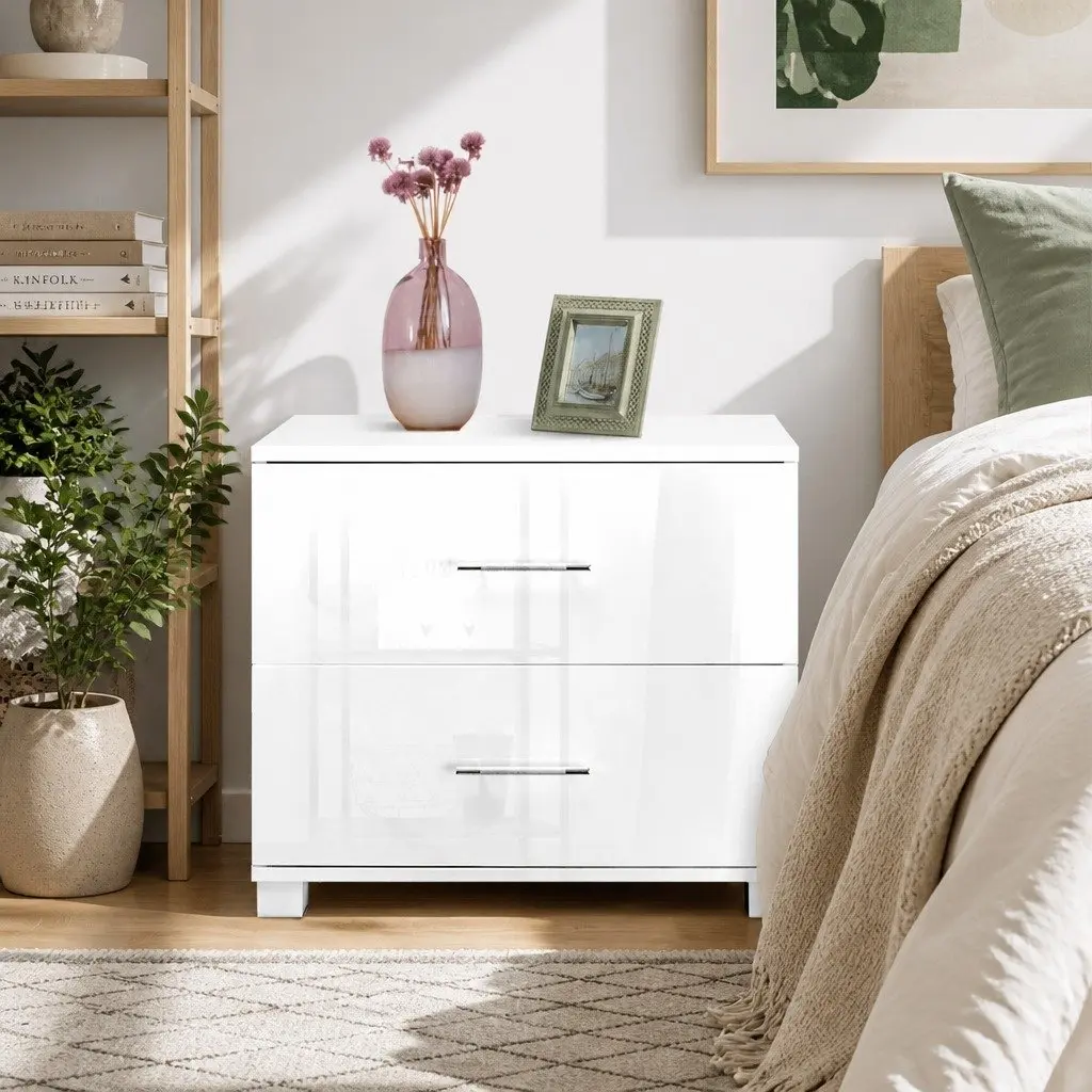 Bedside Table 2 Drawers White High Gloss Modern Storage Cabinet Side Table