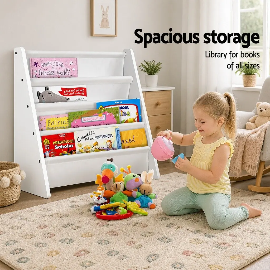 Kids Bookshelf 4 Tier White Organiser Rack Storage for Playroom