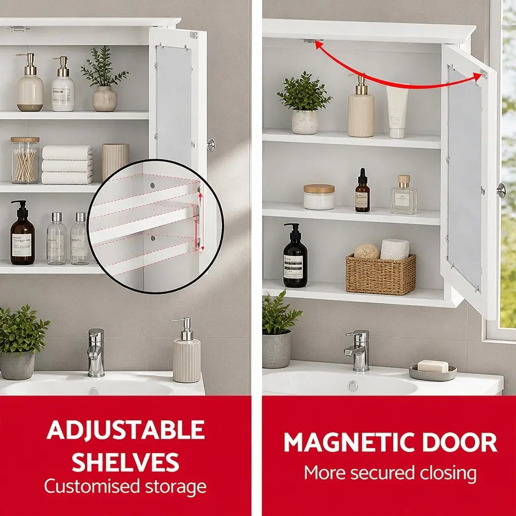 Bathroom Cabinet Mirror Storage White Tallboy Space Saving 56 x 13 x 58 cm