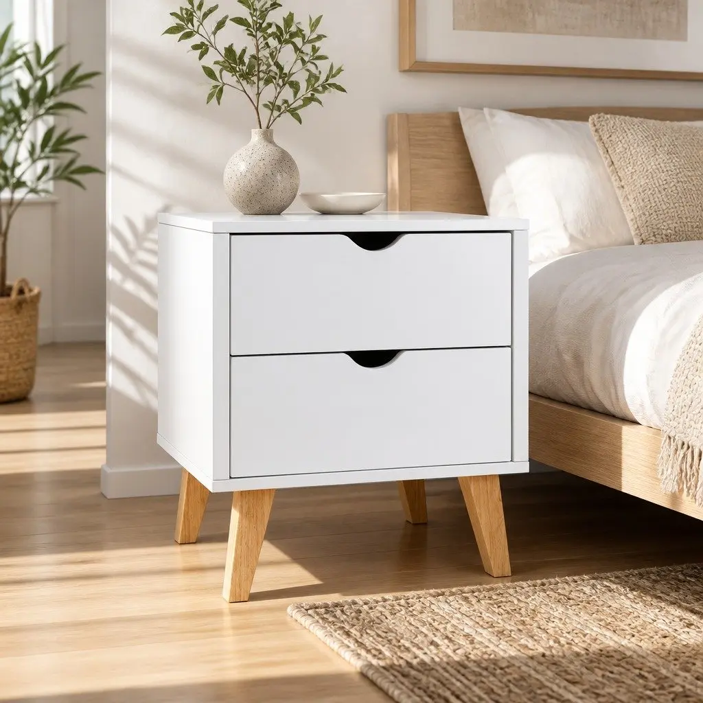 White 2 Drawer Bedside Table Wooden Nightstand Storage Cabinet 48cm W x 39cm D x 51cm H