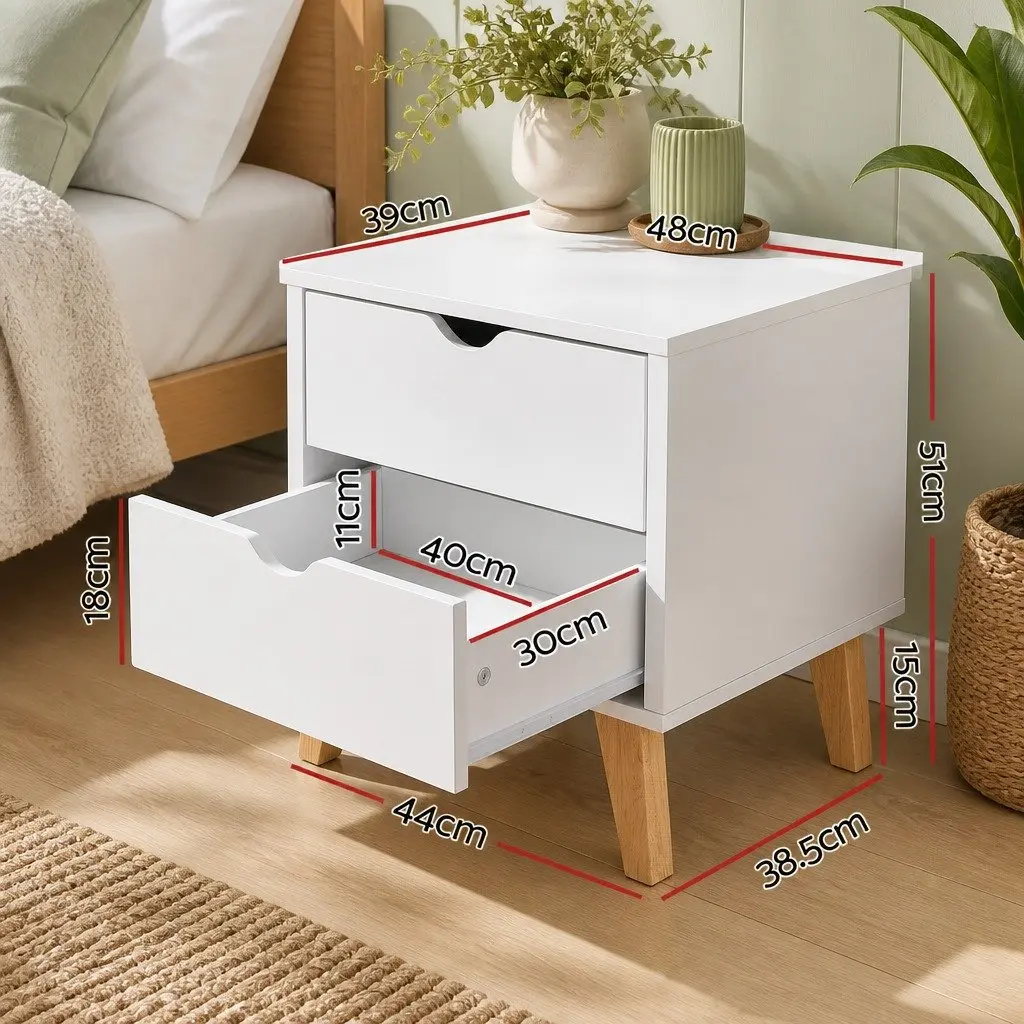 White 2 Drawer Bedside Table Wooden Nightstand Storage Cabinet 48cm W x 39cm D x 51cm H