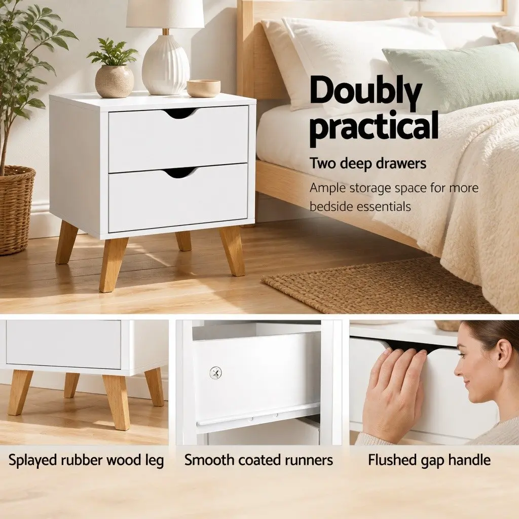 White 2 Drawer Bedside Table Wooden Nightstand Storage Cabinet 48cm W x 39cm D x 51cm H