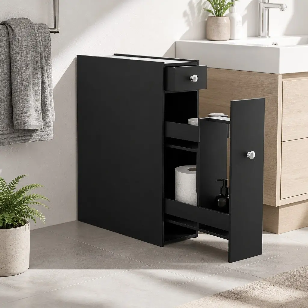 Bathroom Storage Cabinet Slim Toilet Tissue Box Caddy Holder Side Wooden Black