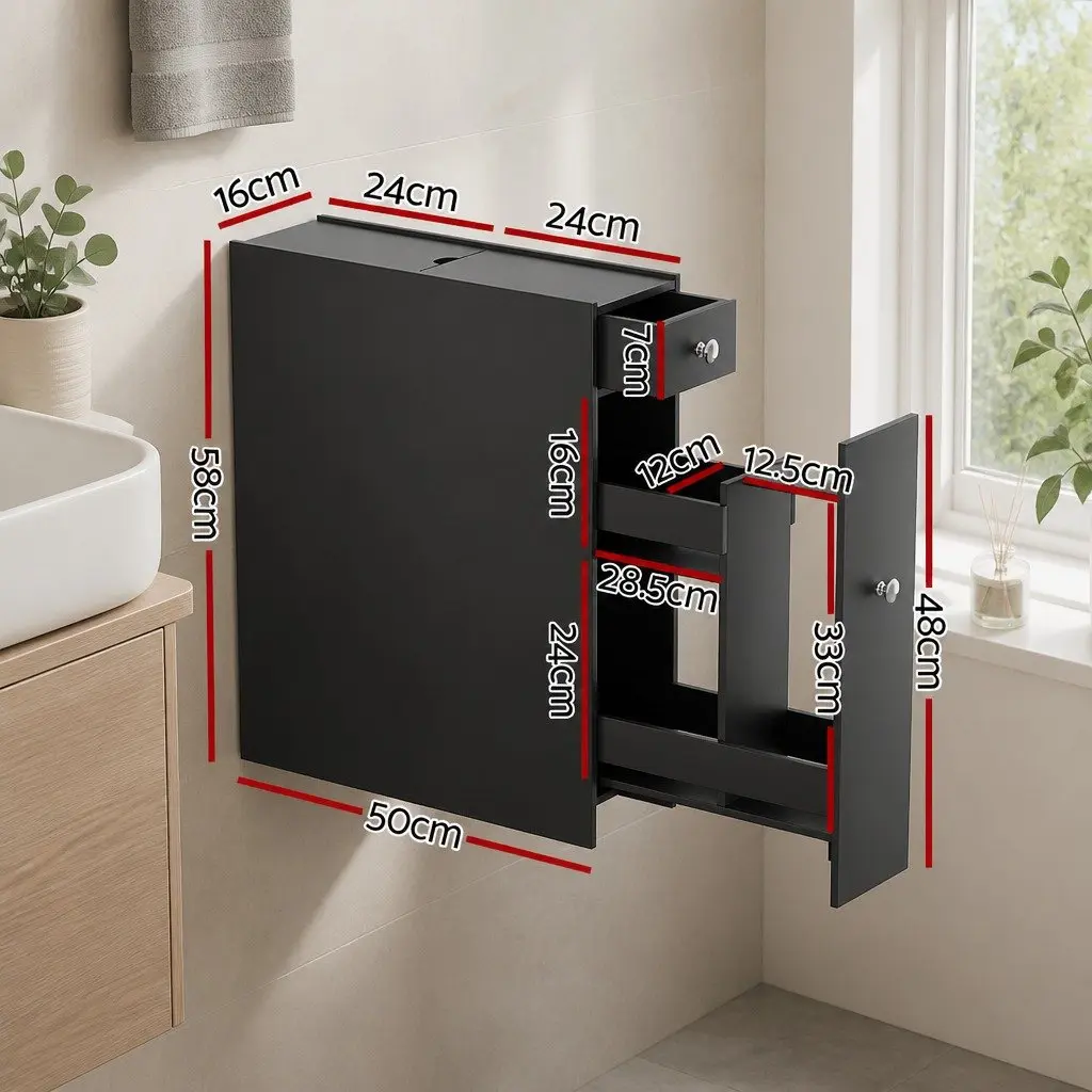 Bathroom Storage Cabinet Slim Toilet Tissue Box Caddy Holder Side Wooden Black