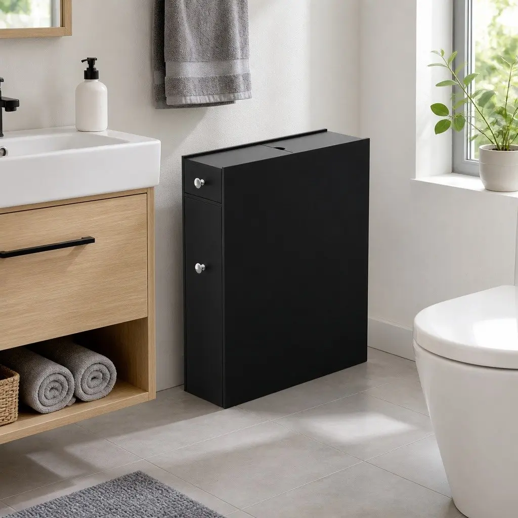 Bathroom Storage Cabinet Slim Toilet Tissue Box Caddy Holder Side Wooden Black