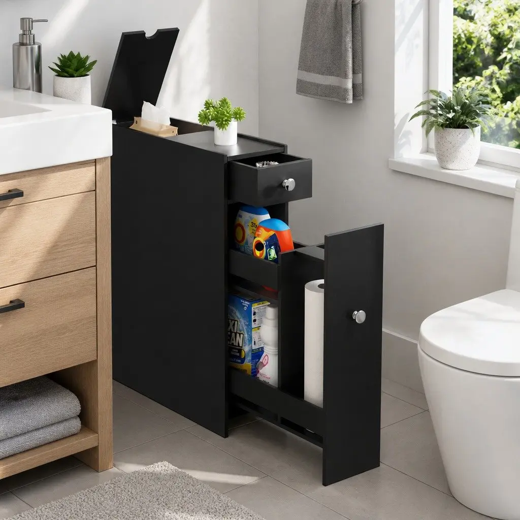 Bathroom Storage Cabinet Slim Toilet Tissue Box Caddy Holder Side Wooden Black