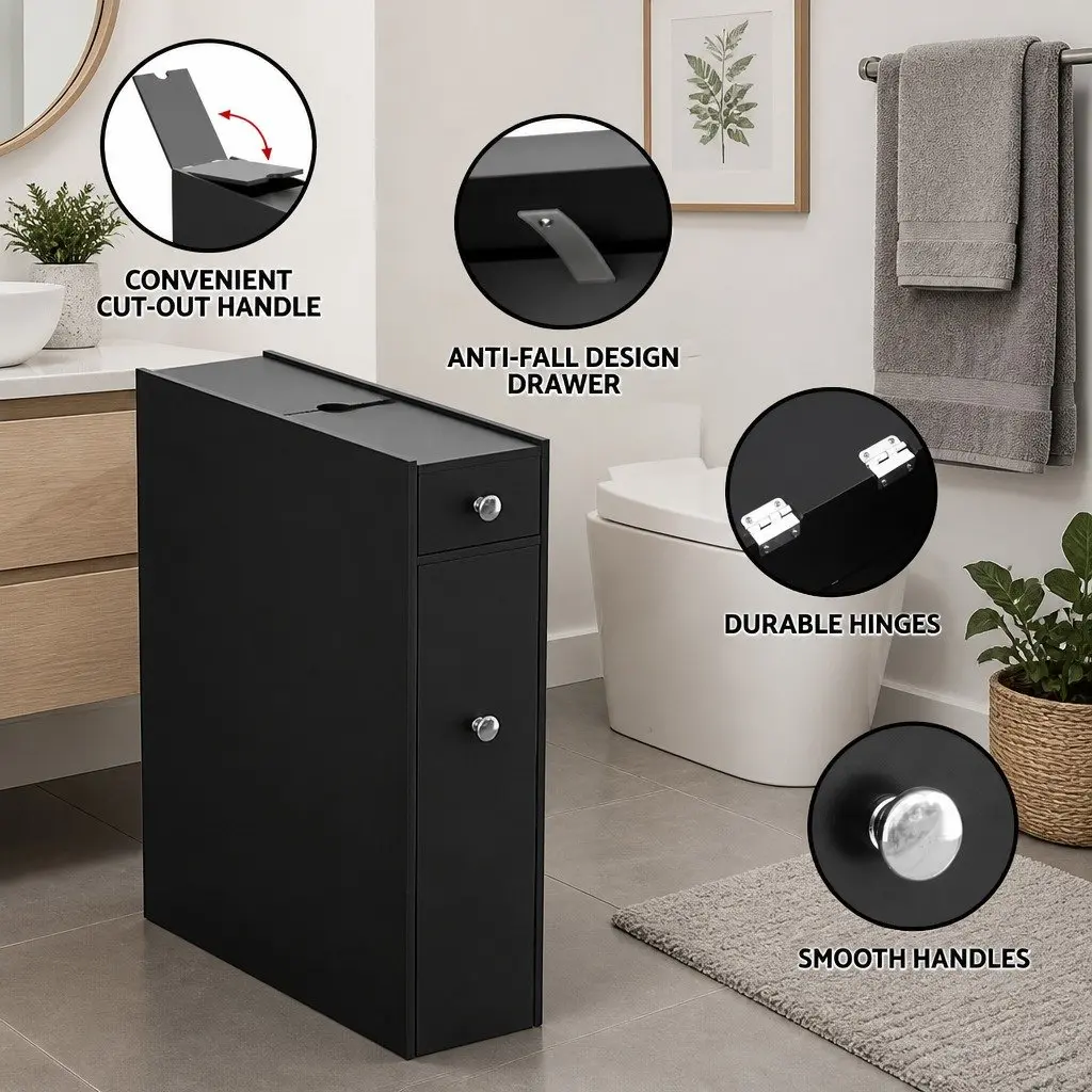 Bathroom Storage Cabinet Slim Toilet Tissue Box Caddy Holder Side Wooden Black