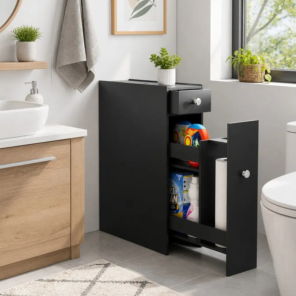 Bathroom Storage Cabinet Slim Toilet Tissue Box Caddy Holder Side Wooden Black