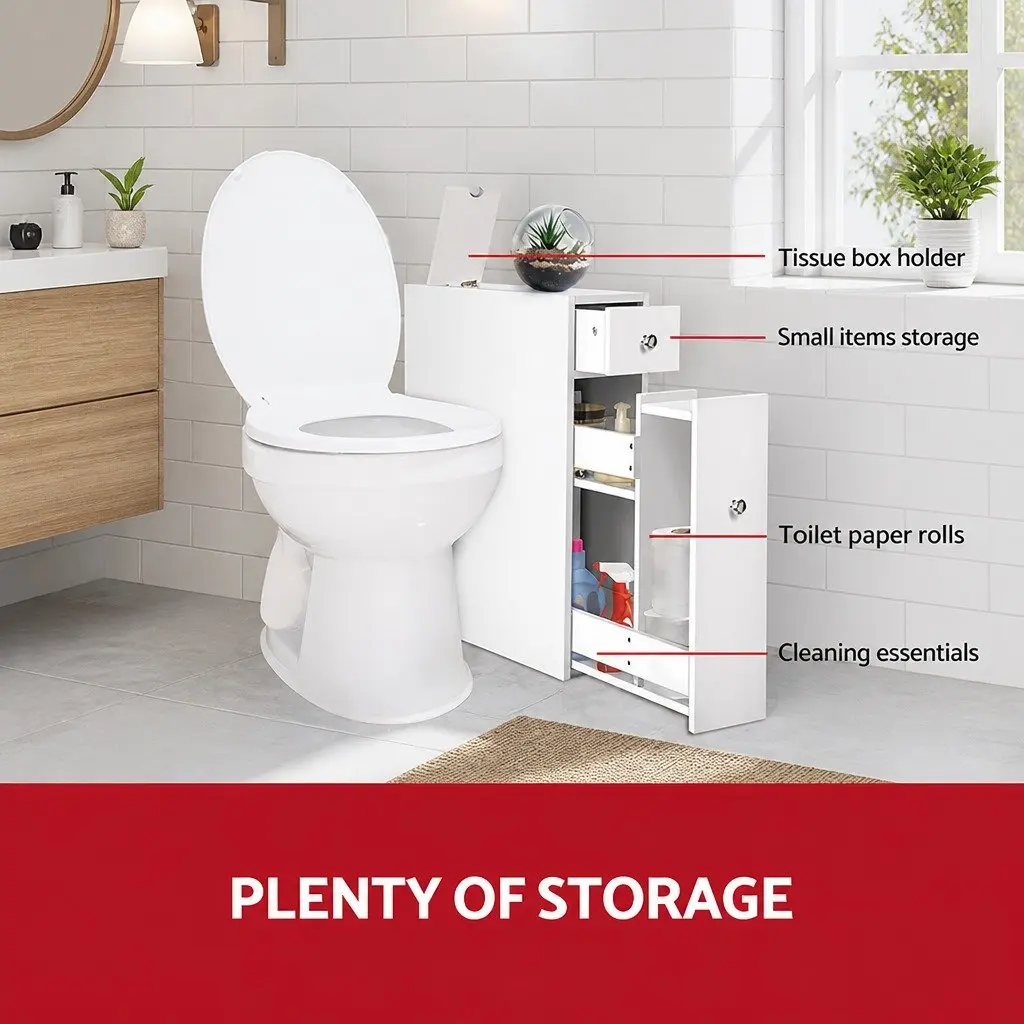 Bathroom Storage Cabinet Slim White Space-Saving Toilet Caddy with Tissue Holder