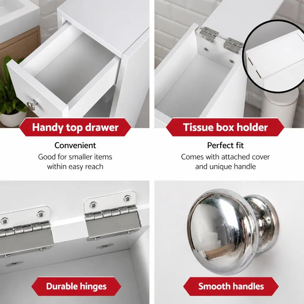 Bathroom Storage Cabinet Slim White Space-Saving Toilet Caddy with Tissue Holder