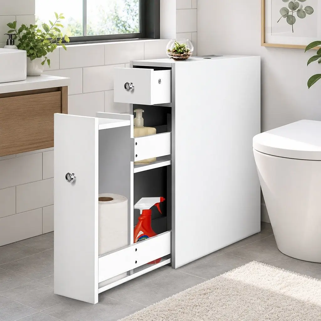 Bathroom Storage Cabinet Slim White Space-Saving Toilet Caddy with Tissue Holder