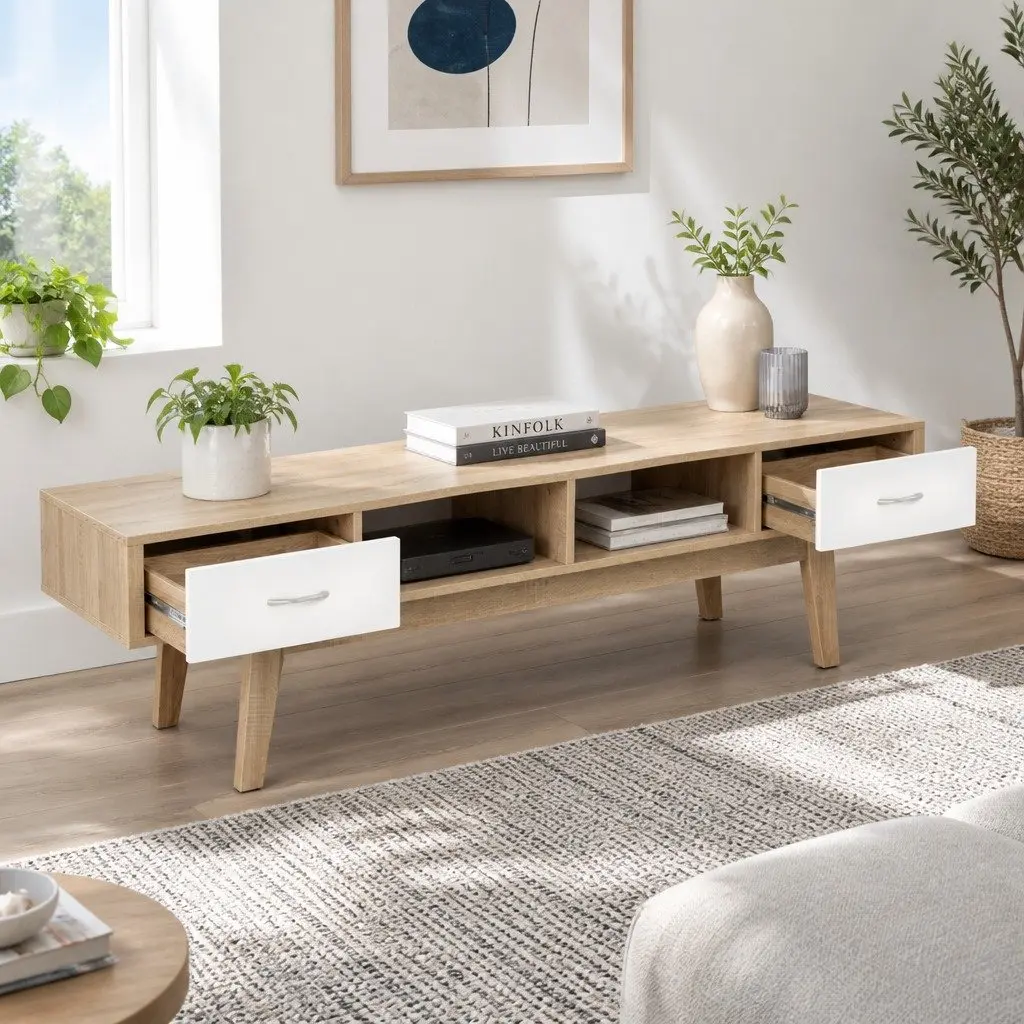 TV Unit Scandinavian Two-Tone Oak White 180cm Living Room Storage