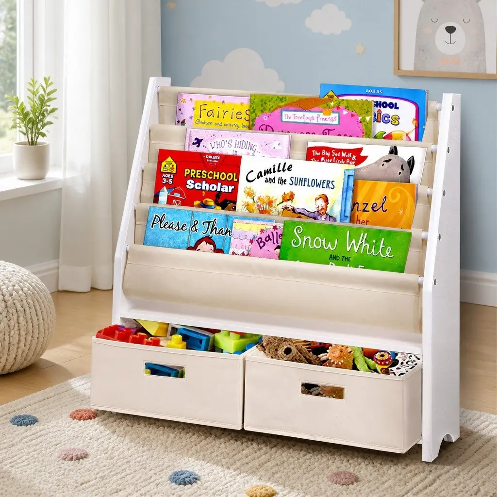 Kids Bookshelf 4 Tier Storage Organiser Bookcase with Drawers White Natural