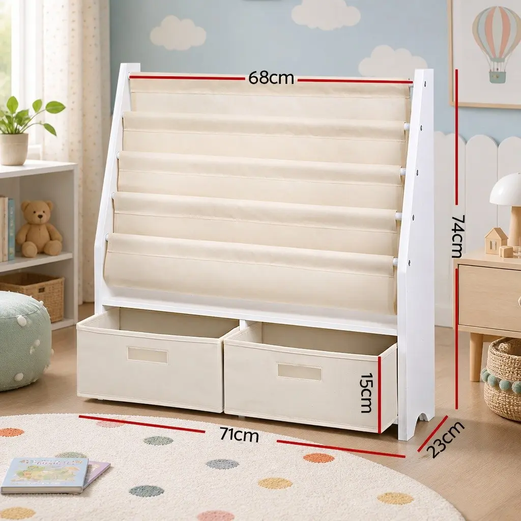 Kids Bookshelf 4 Tier Storage Organiser Bookcase with Drawers White Natural