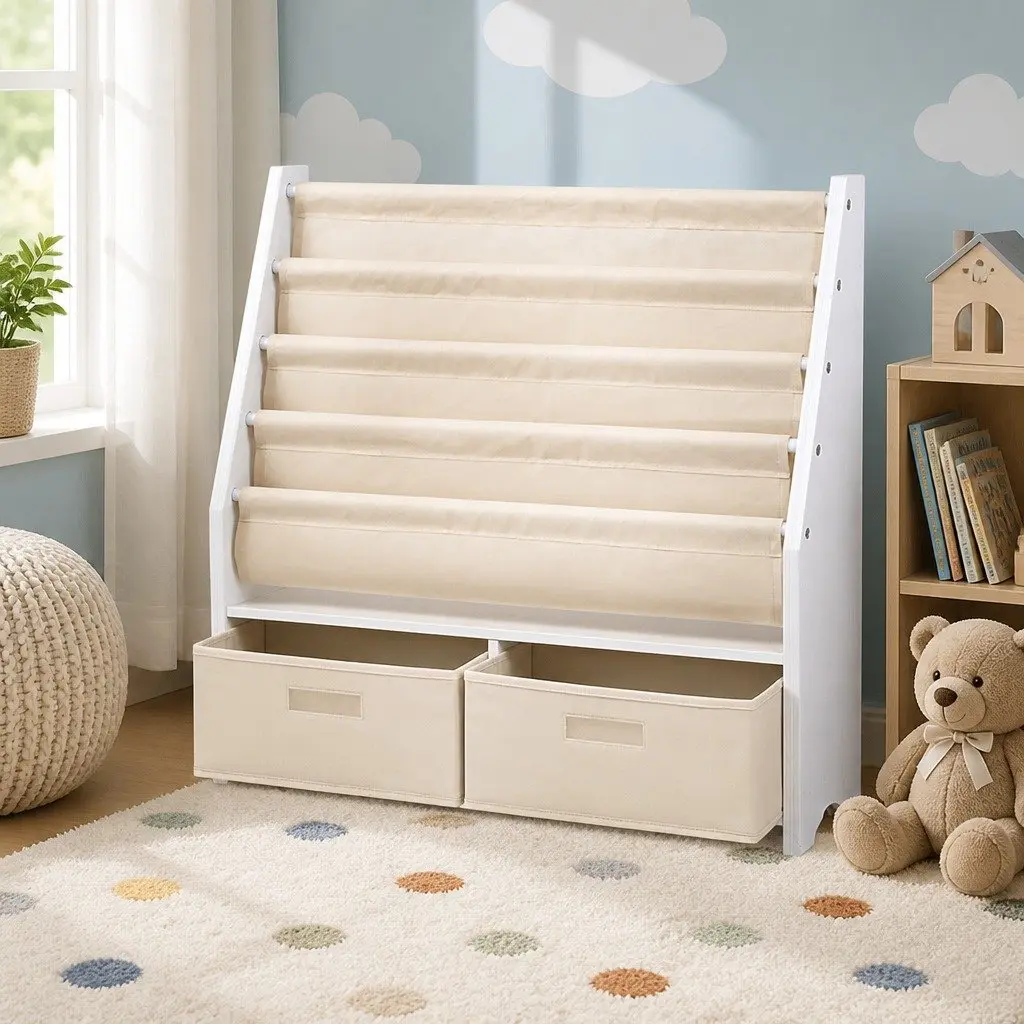 Kids Bookshelf 4 Tier Storage Organiser Bookcase with Drawers White Natural