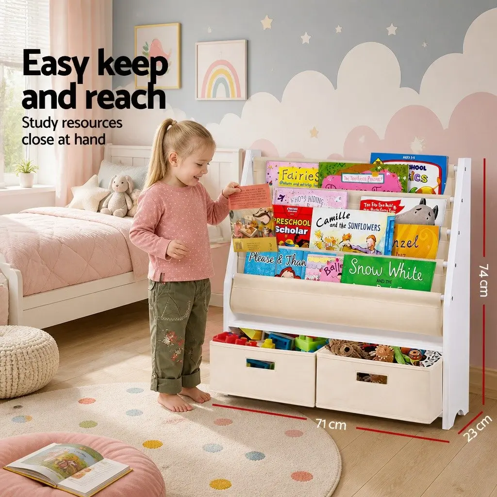 Kids Bookshelf 4 Tier Storage Organiser Bookcase with Drawers White Natural