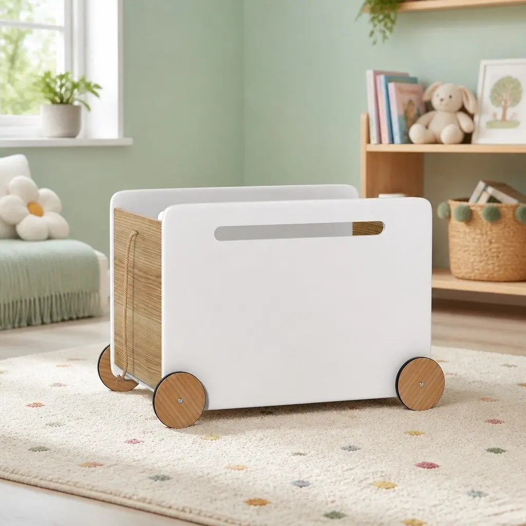 Toy Box Storage Container Portable White with Wheels and Rope 58cm x 39cm x 39cm