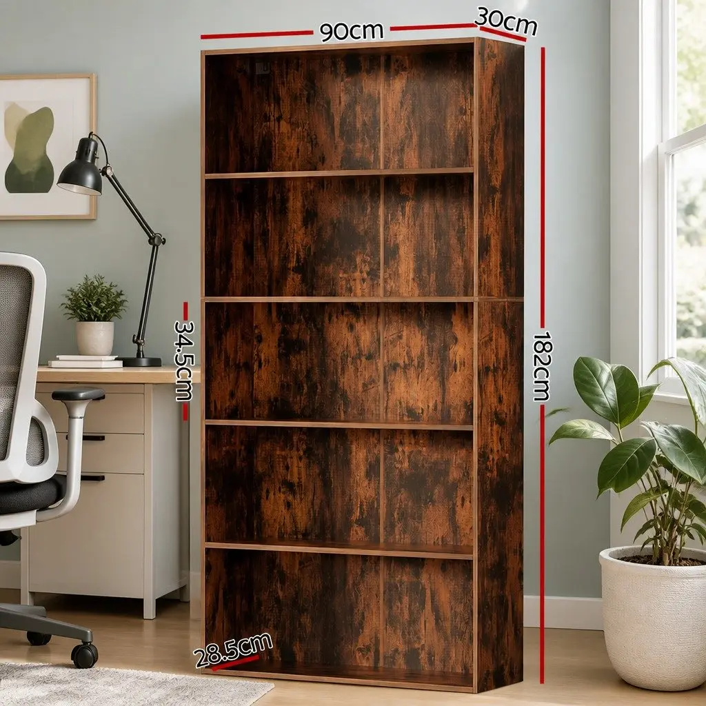 5-Tier Bookshelf Brown Storage Shelves Display Cabinet 90cm W x 30cm D x 182cm H