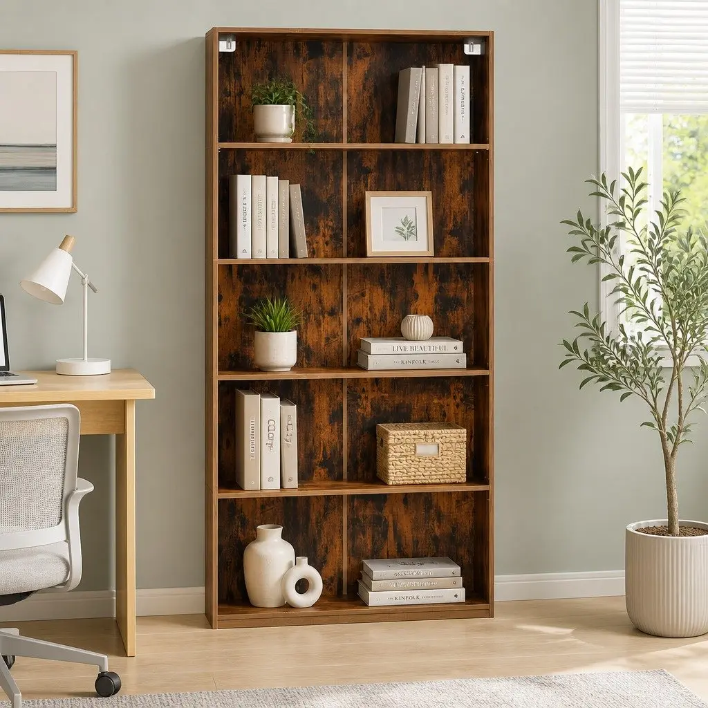 5-Tier Bookshelf Brown Storage Shelves Display Cabinet 90cm W x 30cm D x 182cm H