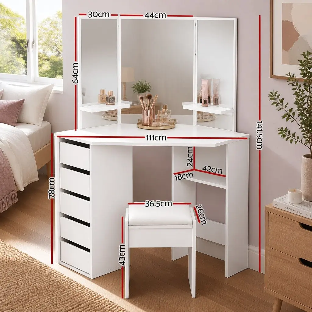 Dressing Table Stool Set Corner 5 Drawers White Vanity Mirror Bedroom Furniture