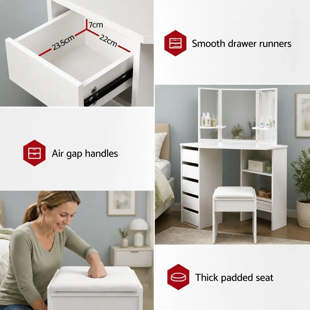 Dressing Table Stool Set Corner 5 Drawers White Vanity Mirror Bedroom Furniture