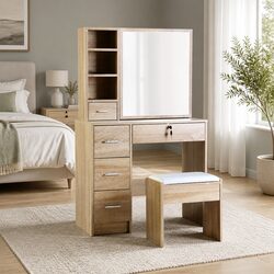 Dressing Table Stool Set Sliding Mirror Oak Bedroom Vanity Dresser Makeup